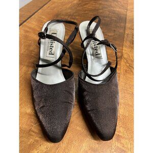 Vtg 90 Kenneth Cole Unlisted 8 Brown Satin Mary Janes‎ Pointed Toe Block Heels